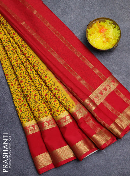 Semi mysore silk saree yellow and red with allover floral prints and long rettapet zari woven border