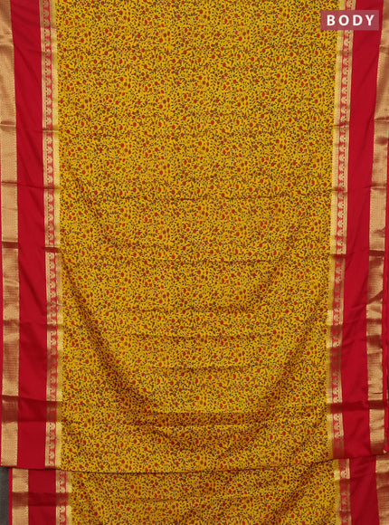 Semi mysore silk saree yellow and red with allover floral prints and long rettapet zari woven border