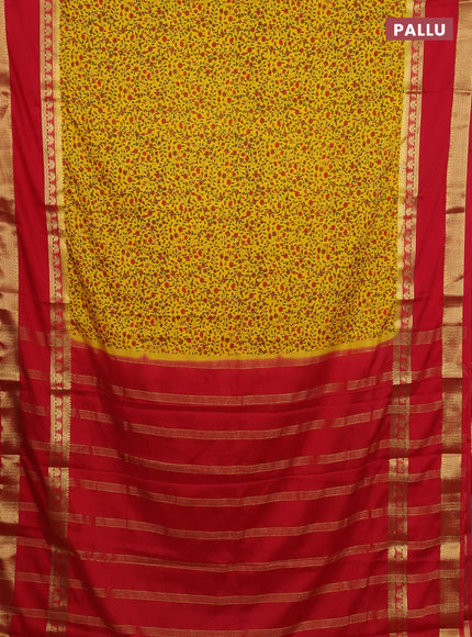Semi mysore silk saree yellow and red with allover floral prints and long rettapet zari woven border