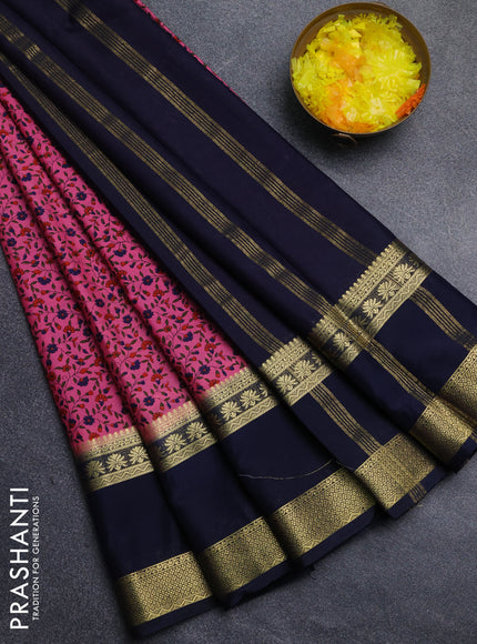 Semi mysore silk saree dark pink and navy blue with allover floral prints and long rettapet zari woven border