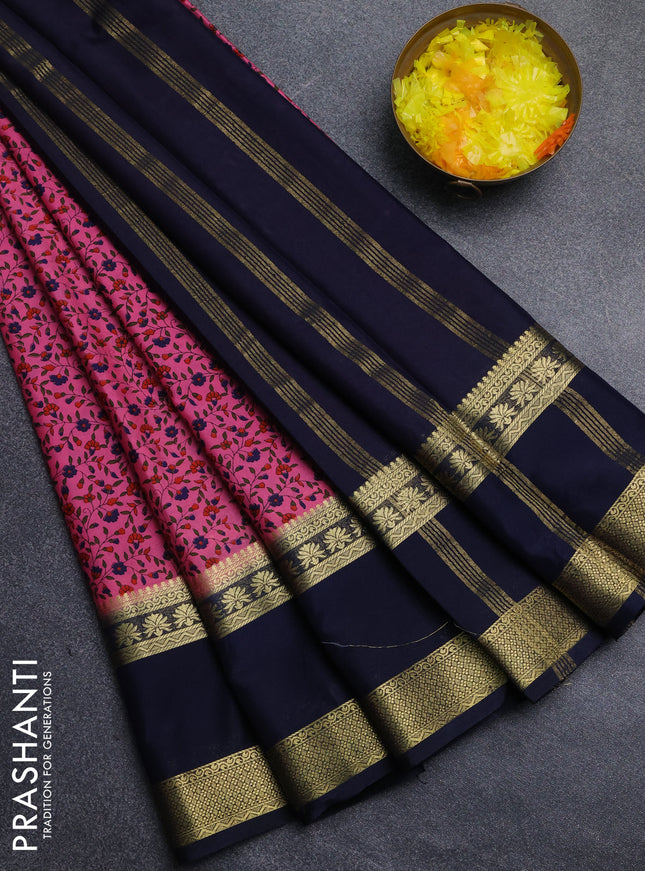 Semi mysore silk saree dark pink and navy blue with allover floral prints and long rettapet zari woven border