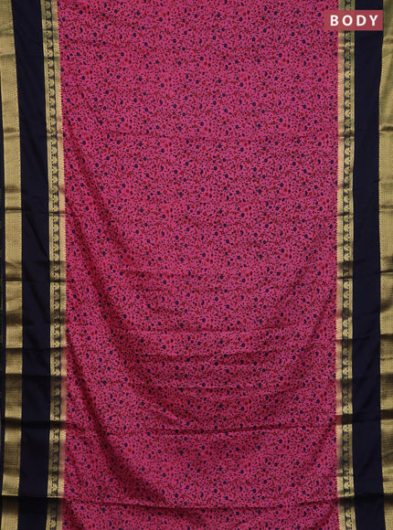Semi mysore silk saree dark pink and navy blue with allover floral prints and long rettapet zari woven border