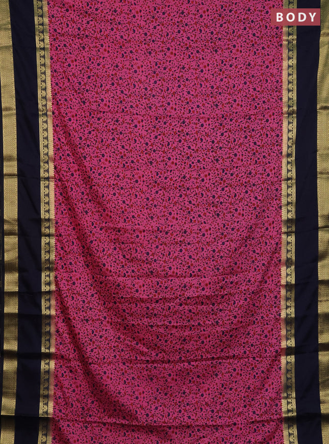 Semi mysore silk saree dark pink and navy blue with allover floral prints and long rettapet zari woven border