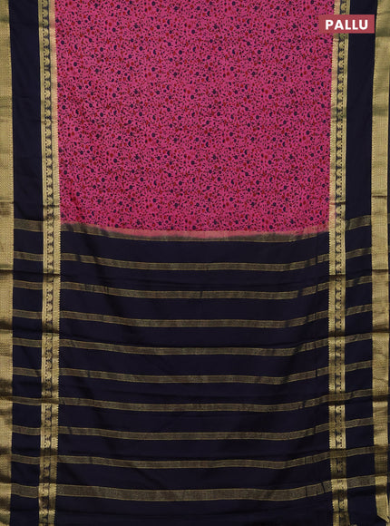 Semi mysore silk saree dark pink and navy blue with allover floral prints and long rettapet zari woven border