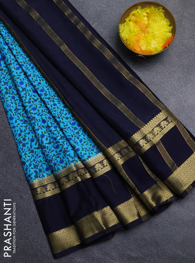 Semi mysore silk saree teal blue and navy blue with allover floral prints and long rettapet zari woven border