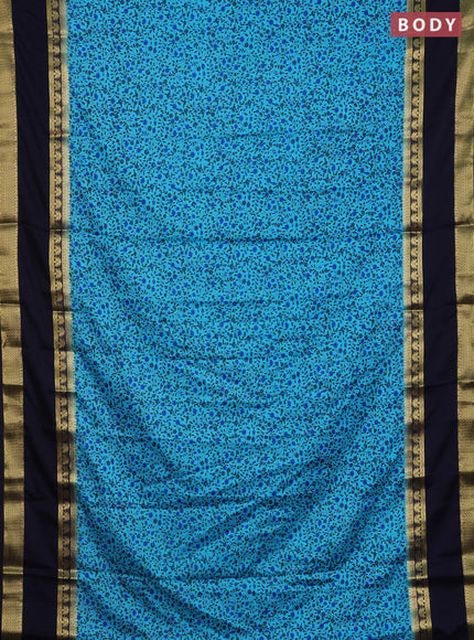 Semi mysore silk saree teal blue and navy blue with allover floral prints and long rettapet zari woven border