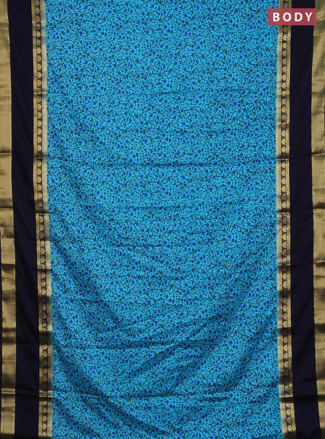 Semi mysore silk saree teal blue and navy blue with allover floral prints and long rettapet zari woven border
