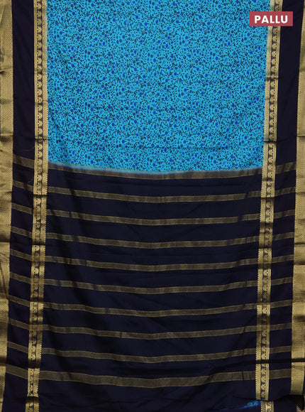 Semi mysore silk saree teal blue and navy blue with allover floral prints and long rettapet zari woven border