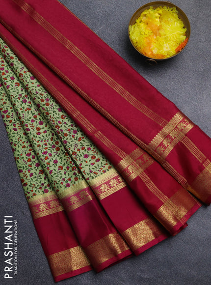 Semi mysore silk saree pista green and maroon with allover floral prints and long rettapet zari woven border