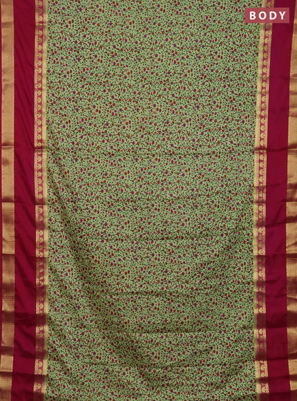 Semi mysore silk saree pista green and maroon with allover floral prints and long rettapet zari woven border