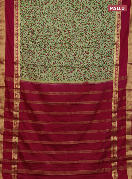 Semi mysore silk saree pista green and maroon with allover floral prints and long rettapet zari woven border