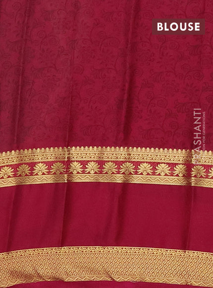 Semi mysore silk saree pista green and maroon with allover floral prints and long rettapet zari woven border