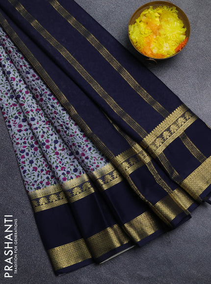 Semi mysore silk saree grey and navy blue with allover floral prints and long rettapet zari woven border