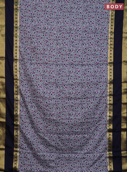 Semi mysore silk saree grey and navy blue with allover floral prints and long rettapet zari woven border