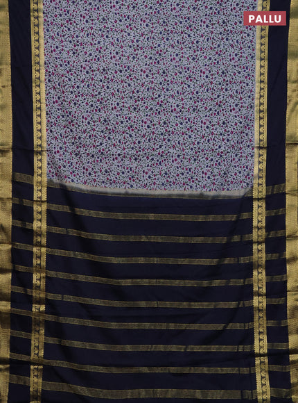 Semi mysore silk saree grey and navy blue with allover floral prints and long rettapet zari woven border
