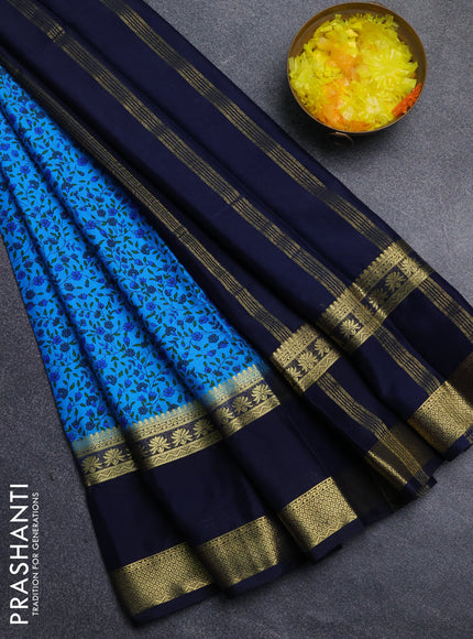 Semi mysore silk saree teal blue and navy blue with allover floral prints and long rettapet zari woven border