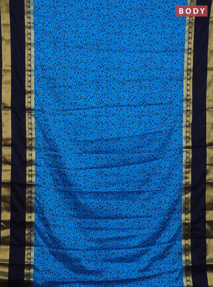 Semi mysore silk saree teal blue and navy blue with allover floral prints and long rettapet zari woven border