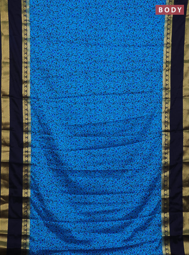 Semi mysore silk saree teal blue and navy blue with allover floral prints and long rettapet zari woven border