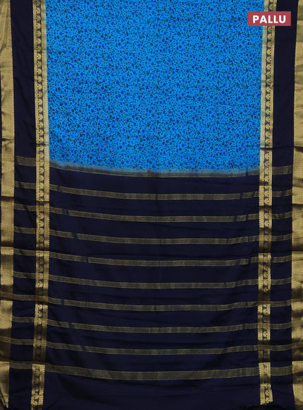 Semi mysore silk saree teal blue and navy blue with allover floral prints and long rettapet zari woven border