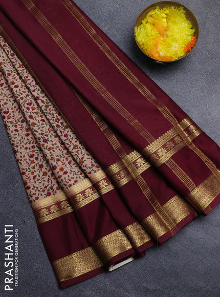 Semi mysore silk saree pastel peach and wine shade with allover floral prints and long rettapet zari woven border