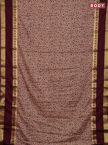 Semi mysore silk saree pastel peach and wine shade with allover floral prints and long rettapet zari woven border