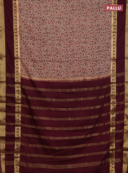 Semi mysore silk saree pastel peach and wine shade with allover floral prints and long rettapet zari woven border