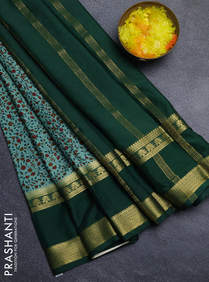 Semi mysore silk saree pastel green and bottle green with allover floral prints and long rettapet zari woven border