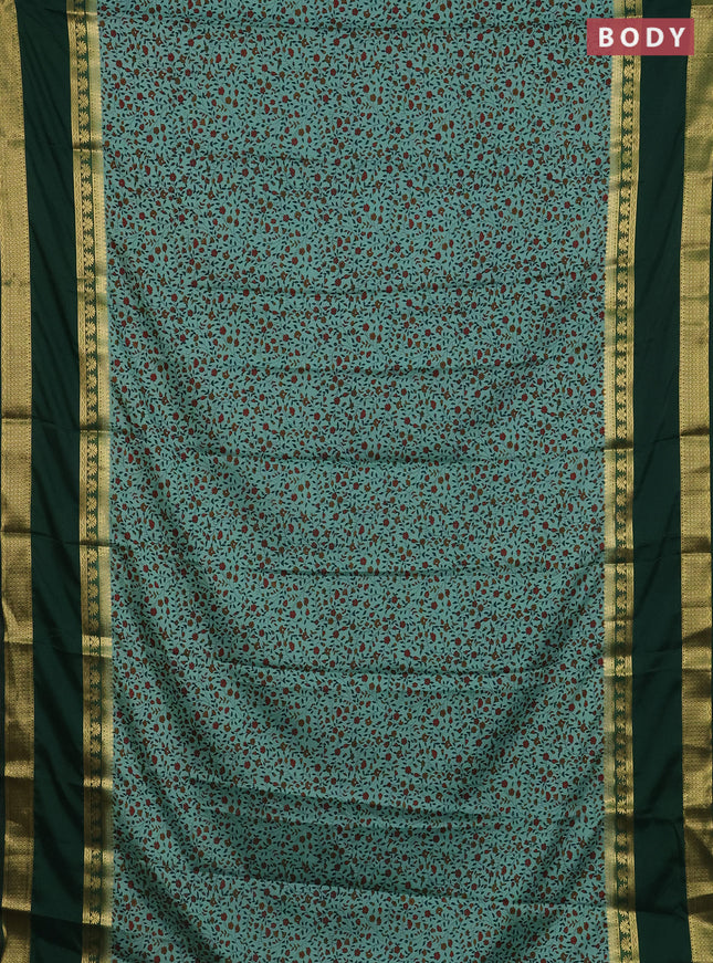 Semi mysore silk saree pastel green and bottle green with allover floral prints and long rettapet zari woven border