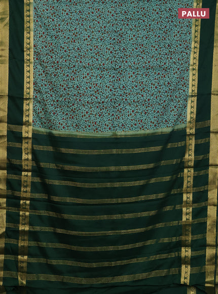 Semi mysore silk saree pastel green and bottle green with allover floral prints and long rettapet zari woven border