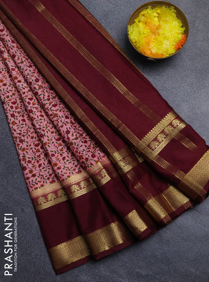 Semi mysore silk saree peach pink and wine shade with allover floral prints and long rettapet zari woven border