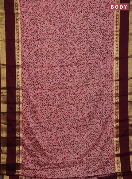 Semi mysore silk saree peach pink and wine shade with allover floral prints and long rettapet zari woven border
