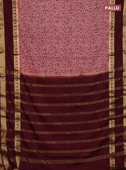Semi mysore silk saree peach pink and wine shade with allover floral prints and long rettapet zari woven border