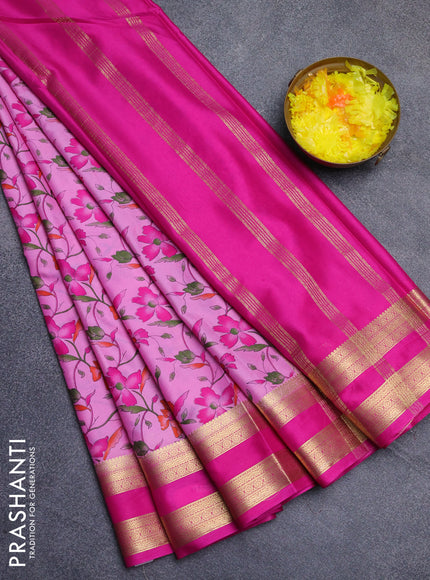 Semi mysore silk saree light pink and pink with allover floral prints and rettapet zari woven border