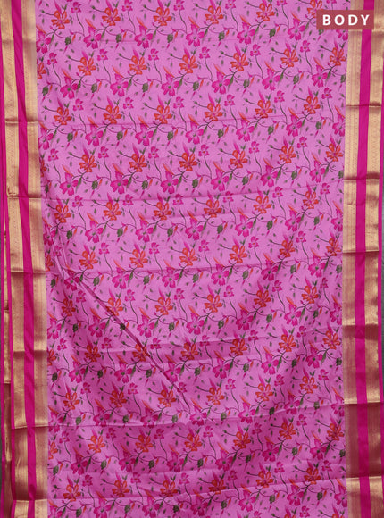 Semi mysore silk saree light pink and pink with allover floral prints and rettapet zari woven border