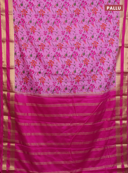 Semi mysore silk saree light pink and pink with allover floral prints and rettapet zari woven border