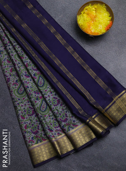 Semi mysore silk saree grey and violet with allover floral prints and zari woven border