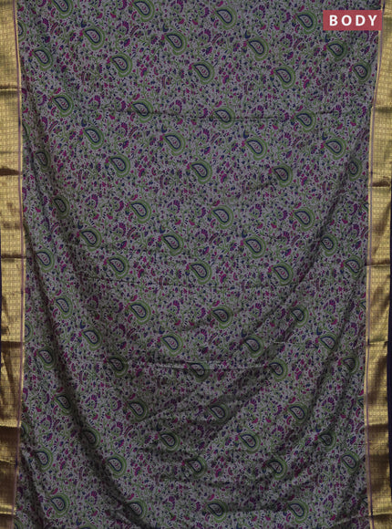 Semi mysore silk saree grey and violet with allover floral prints and zari woven border