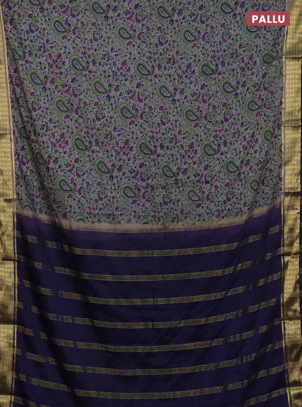 Semi mysore silk saree grey and violet with allover floral prints and zari woven border
