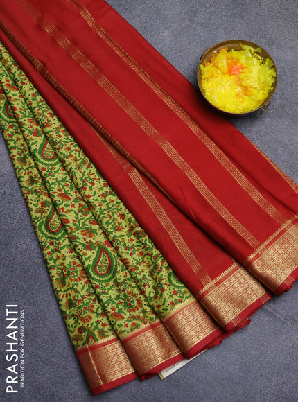 Semi mysore silk saree light green and maroon with allover floral prints and zari woven border
