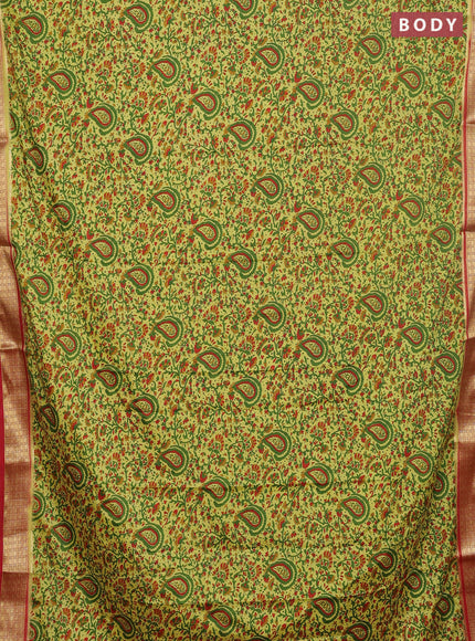 Semi mysore silk saree light green and maroon with allover floral prints and zari woven border