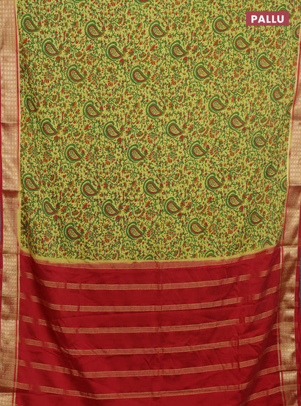 Semi mysore silk saree light green and maroon with allover floral prints and zari woven border