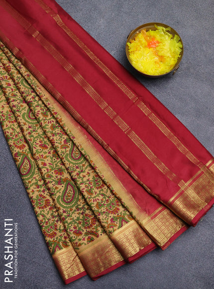 Semi mysore silk saree sandal and maroon with allover floral prints and zari woven border