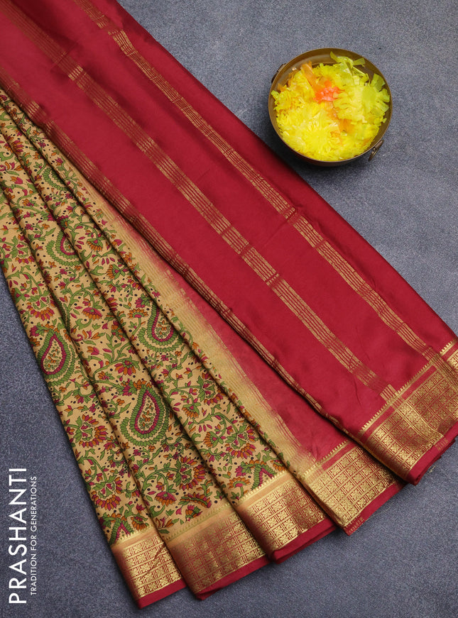 Semi mysore silk saree sandal and maroon with allover floral prints and zari woven border