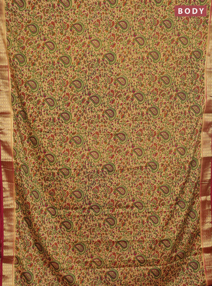 Semi mysore silk saree sandal and maroon with allover floral prints and zari woven border