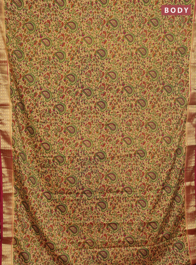 Semi mysore silk saree sandal and maroon with allover floral prints and zari woven border