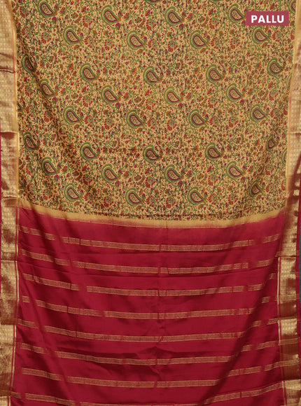 Semi mysore silk saree sandal and maroon with allover floral prints and zari woven border