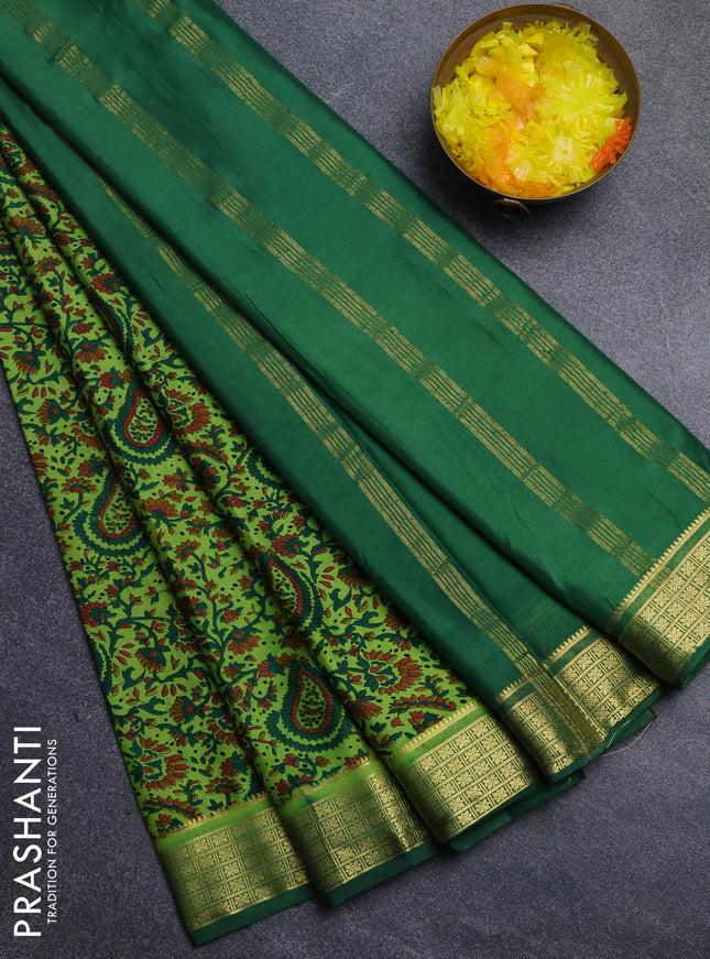 Semi mysore silk saree light green and green with allover floral prints and zari woven border
