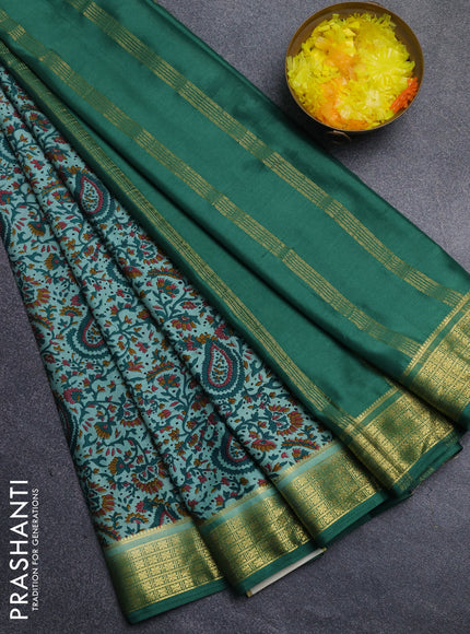 Semi mysore silk saree pastel green and green with allover floral prints and zari woven border