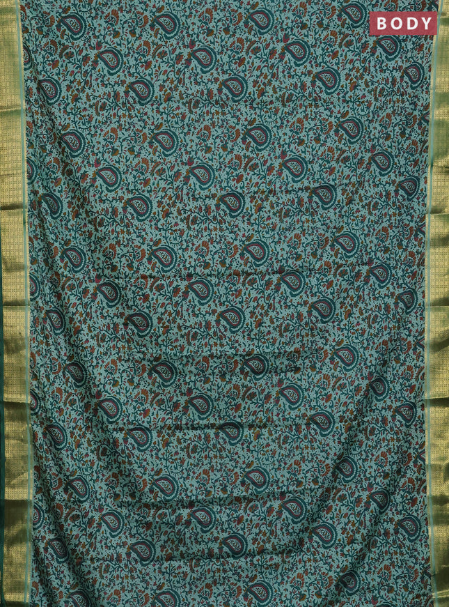 Semi mysore silk saree pastel green and green with allover floral prints and zari woven border