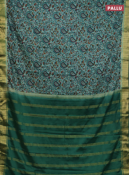 Semi mysore silk saree pastel green and green with allover floral prints and zari woven border